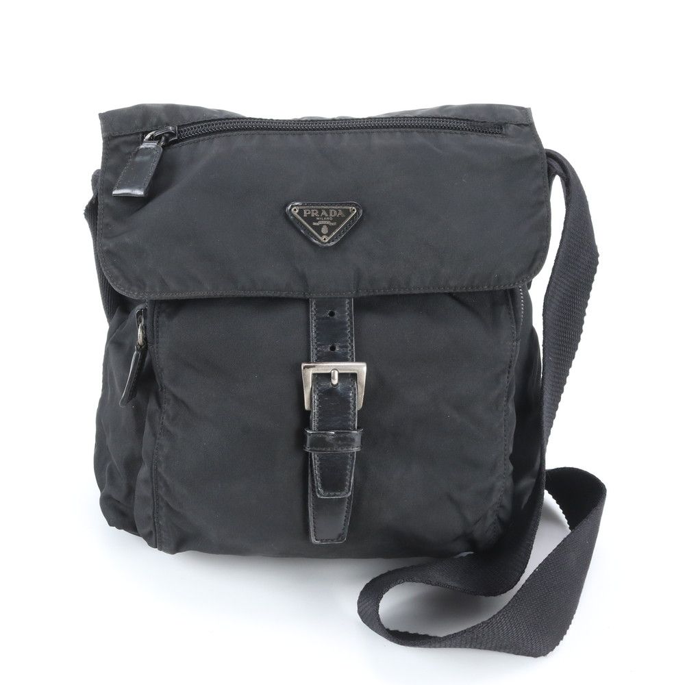 Prada Tessuto Nylon Triangle Logo Leather Shoulder Bag Crossbody Messenger Black