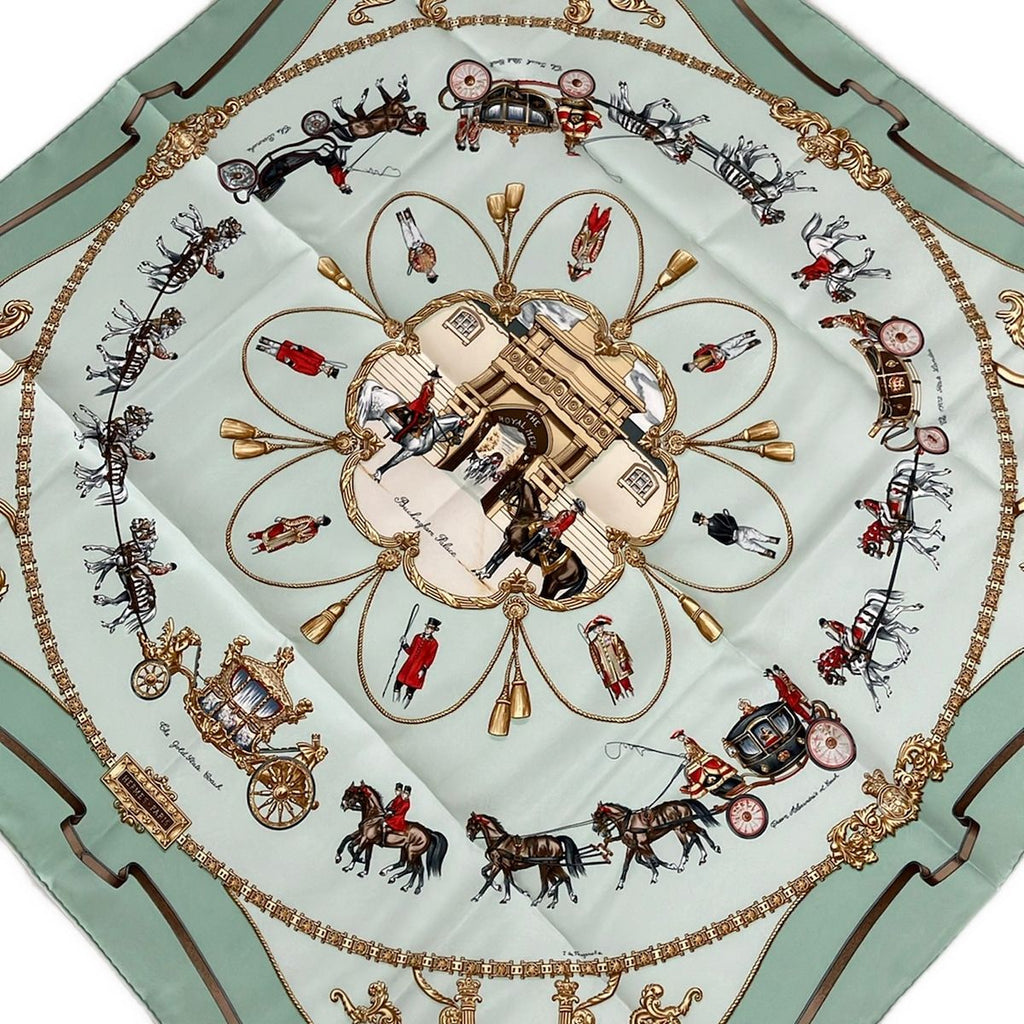Hermes Scarf Carre 90 Light Green Gold Brown Red Multi the Royal Mews Silk