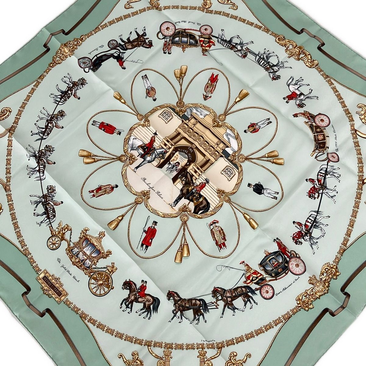 Hermes Scarf Carre 90 Light Green Gold Brown Red Multi the Royal Mews Silk