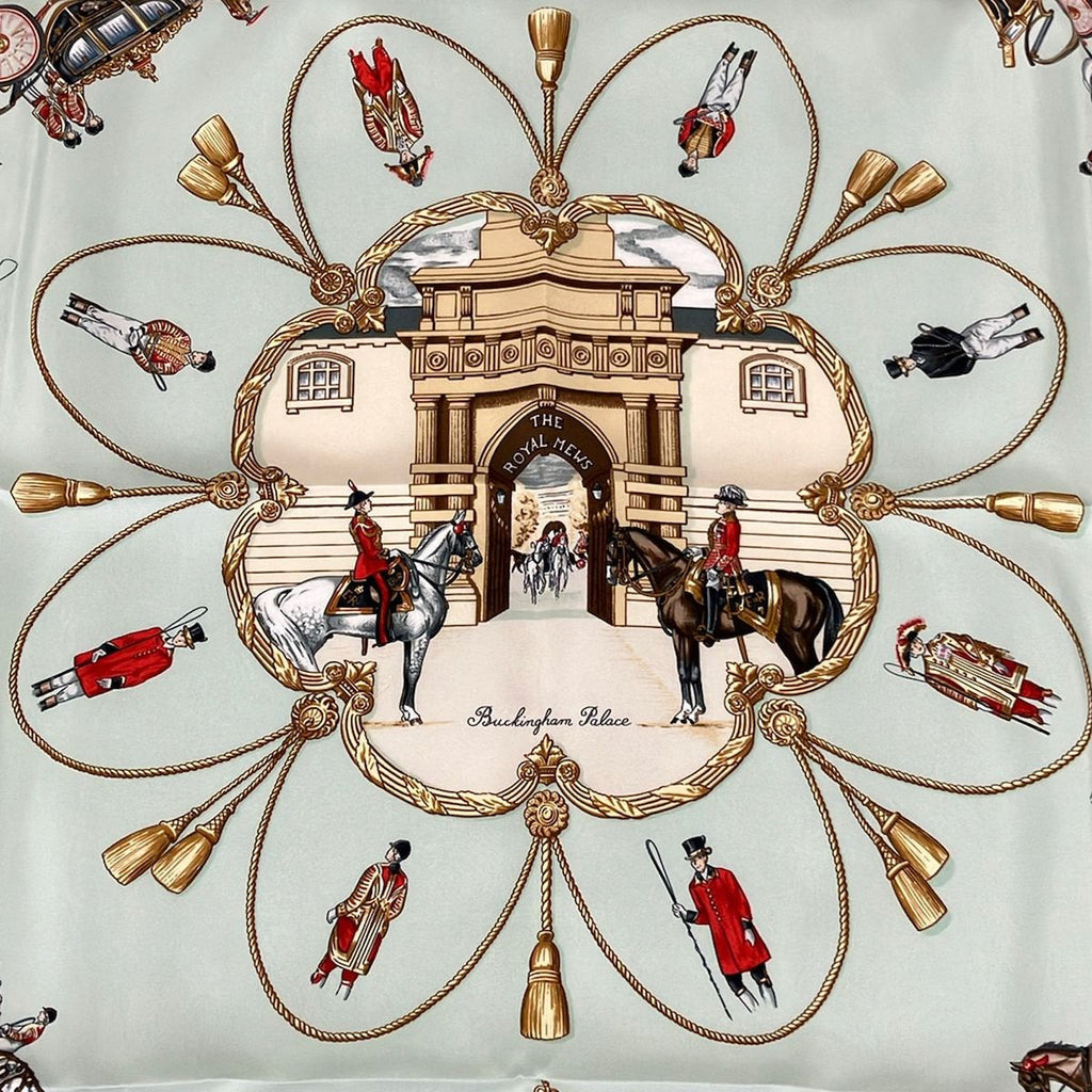 Hermes Scarf Carre 90 Light Green Gold Brown Red Multi the Royal Mews Silk — view 4