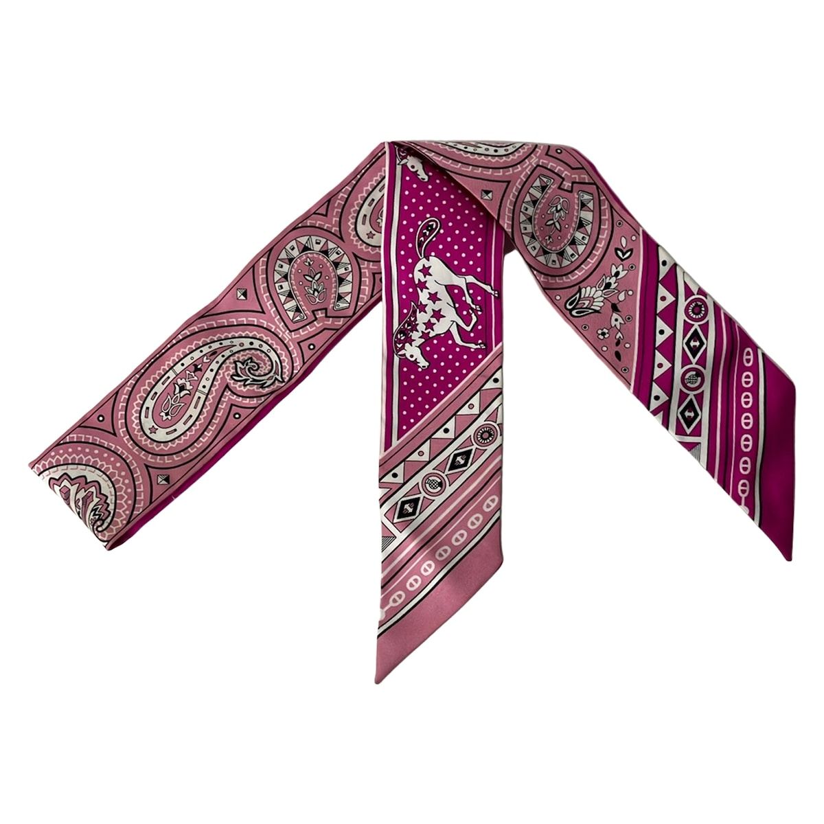 Hermes Scarf Twill Pink White Multi Ribbon Horse Star Dot Pattern