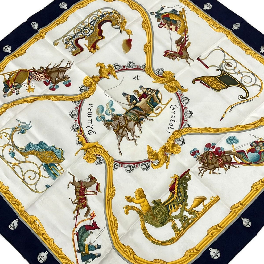 Hermes Scarf Carre 90 Ivory Dark Yellow Multi Plumes Et Grelots