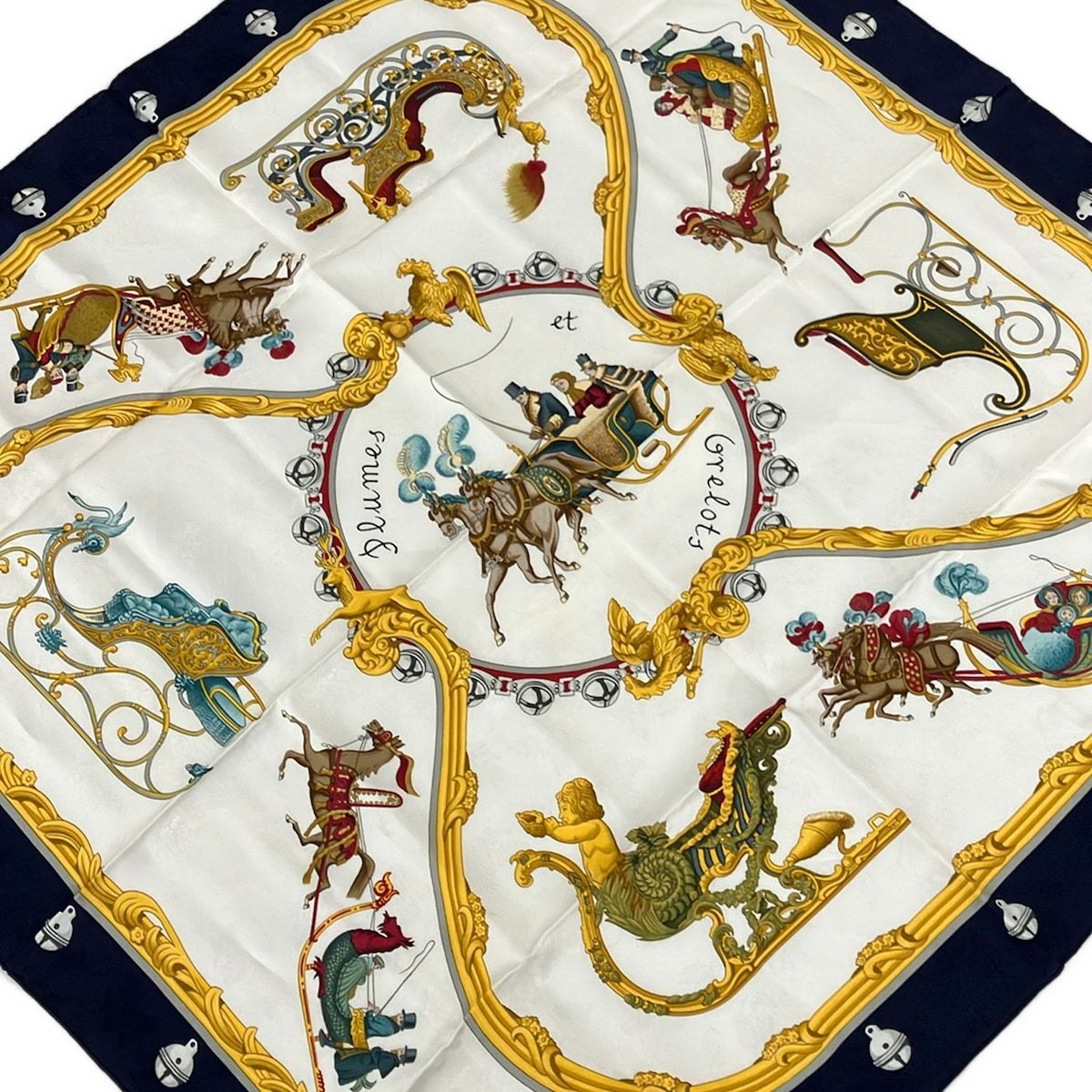 Hermes Scarf Carre 90 Ivory Dark Yellow Multi Plumes Et Grelots