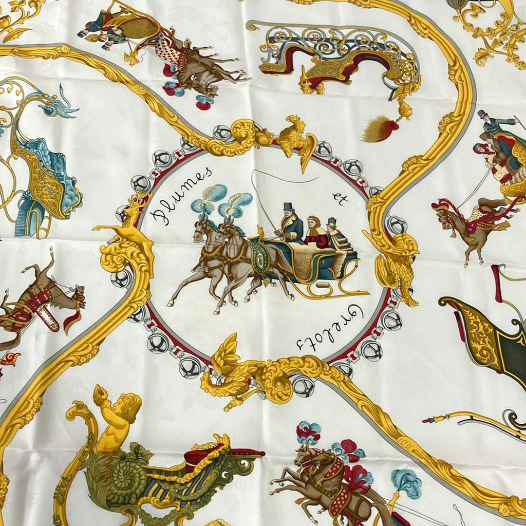 Hermes Scarf Carre 90 Ivory Dark Yellow Multi Plumes Et Grelots — view 4