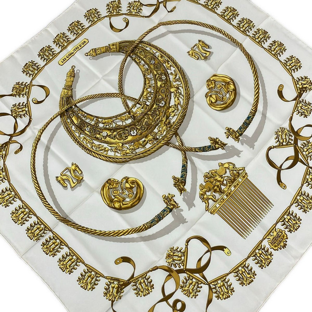 Hermes Scarf Carre 90 White Gold Blue les Cavaliers D'or