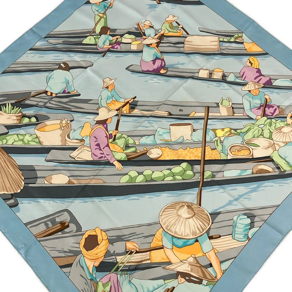 Hermes Scarf Carre 90 Light Blue Beige Multi Marche Flottant du Lac Inle