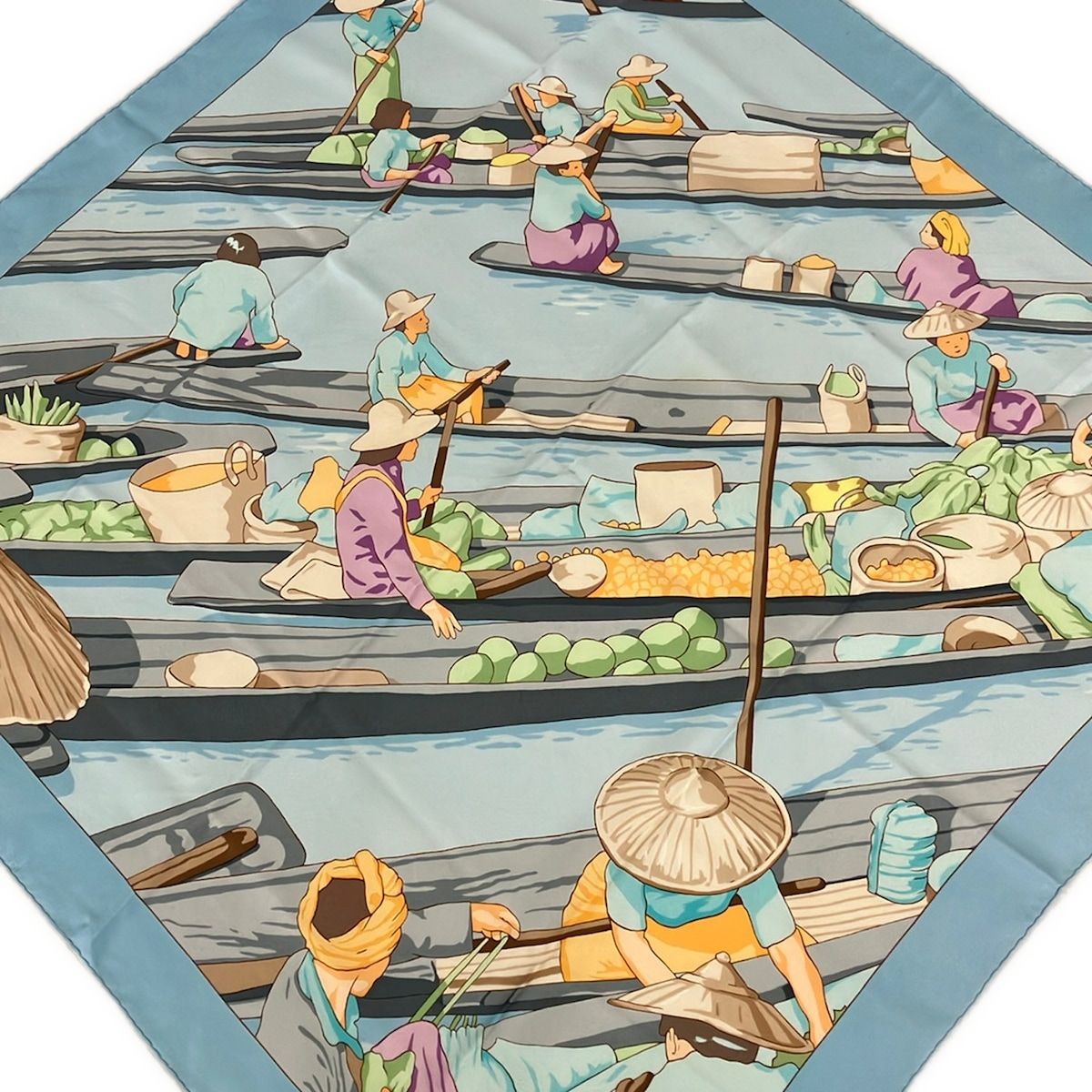 Hermes Scarf Carre 90 Light Blue Beige Multi Marche Flottant du Lac Inle