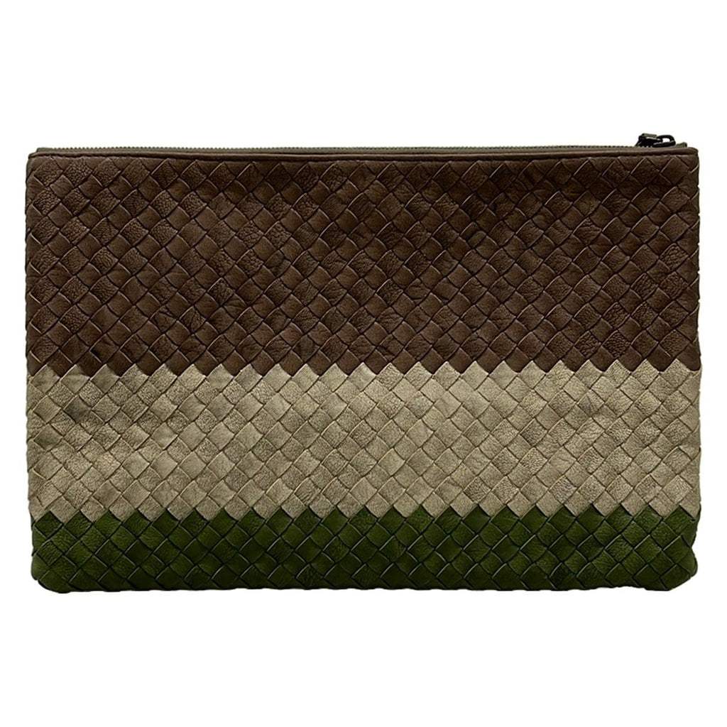 Bottega Veneta Clutch Intrecciato Dark Brown Beige Green Leather — view 3