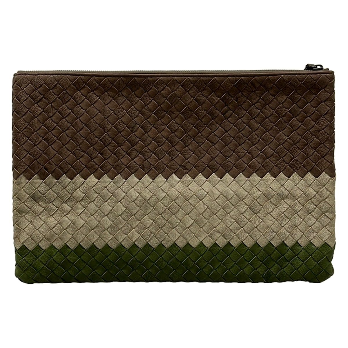 Bottega Veneta Clutch Intrecciato Dark Brown Beige Green Leather — view 3