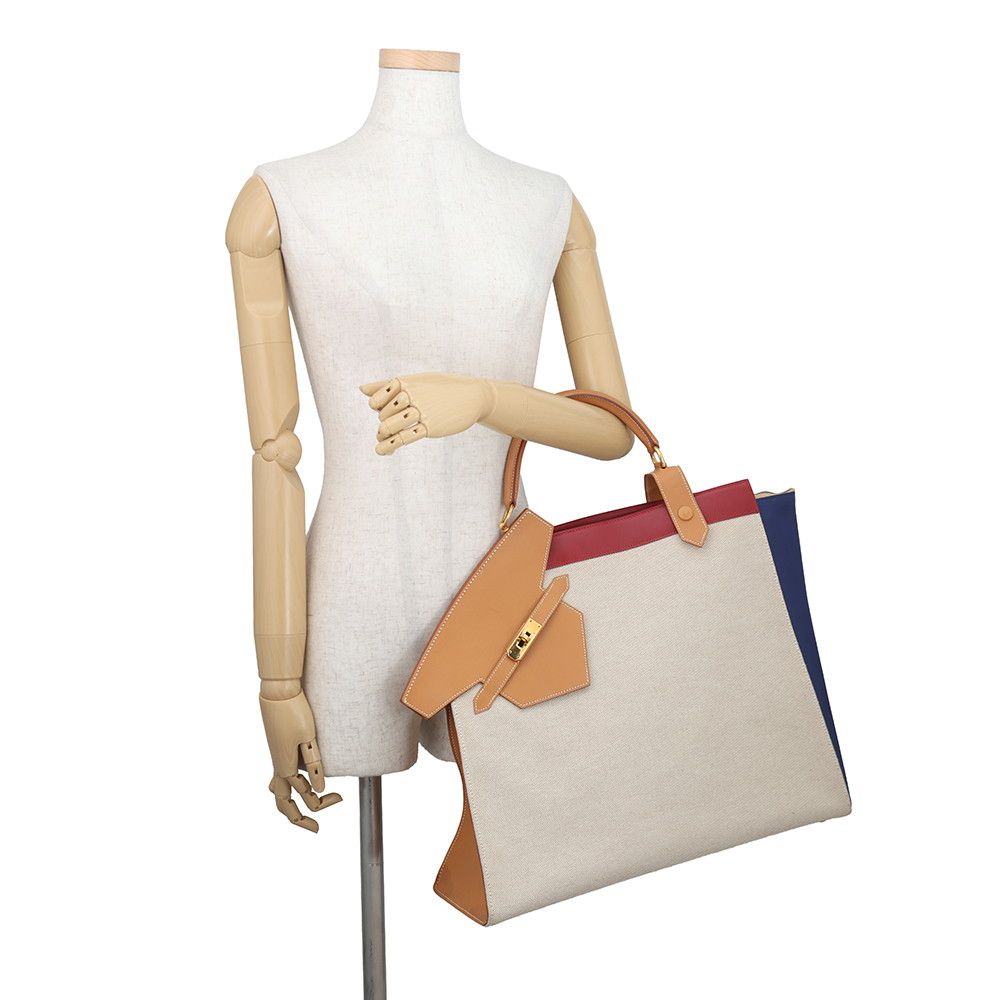 Hermes Handbag Himalaya Natural Rouge Vif Navy Gold Toile Ash Box Calf — view 4