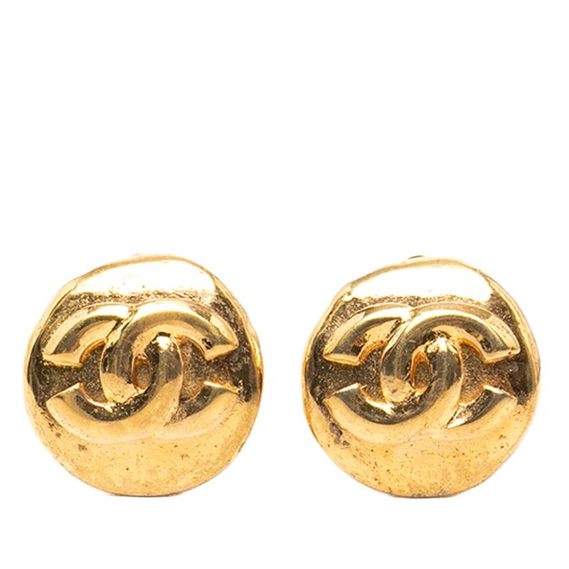 Chanel CC Logo Vintage Round Earrings Gold Plated