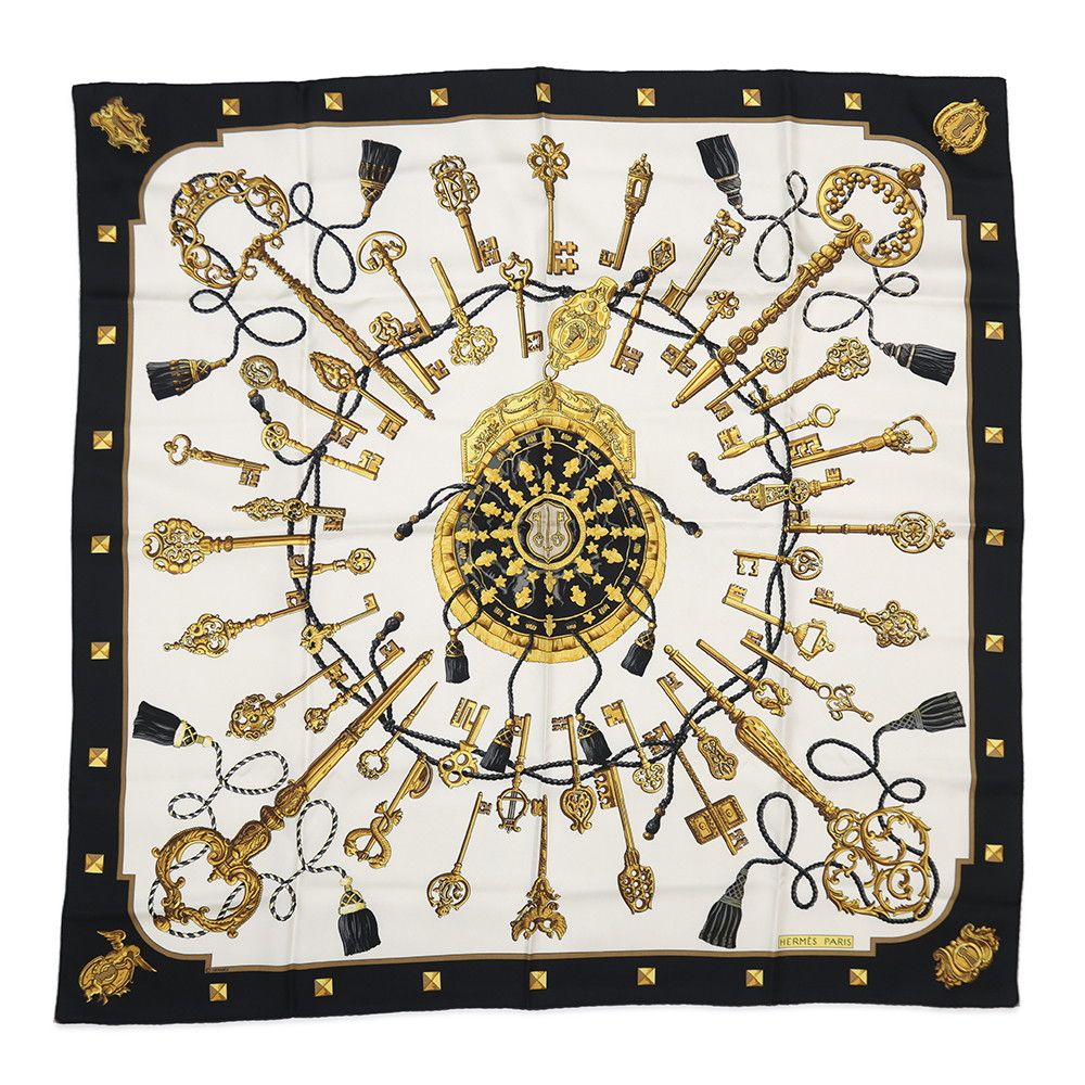Hermes Scarf Carre 90 Key Pattern les Cles Silk Black White Key Motif