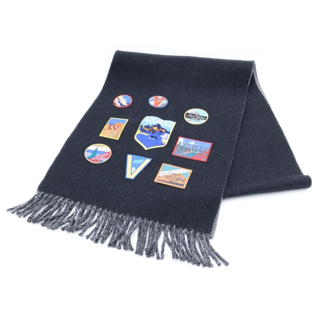 Louis Vuitton Echarpe Nowa le City Alps Logo Patch Fringe Scarf Shawl Black