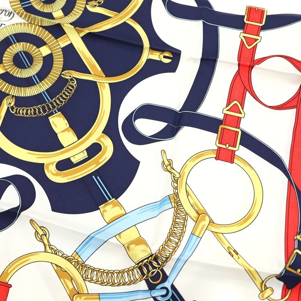 Hermes Carre 90 Eperon D'or Yellow Gold Spurs Silk Scarf Navy White — view 3