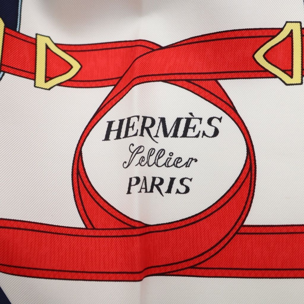 Hermes Carre 90 Eperon D'or Yellow Gold Spurs Silk Scarf Navy White — view 4