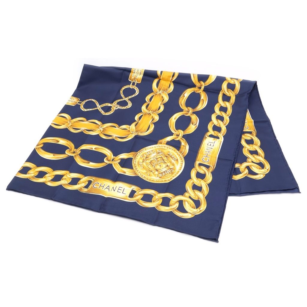 Chanel Cambon Line Chain Belt Pattern Vintage Silk Scarf Navy Gold
