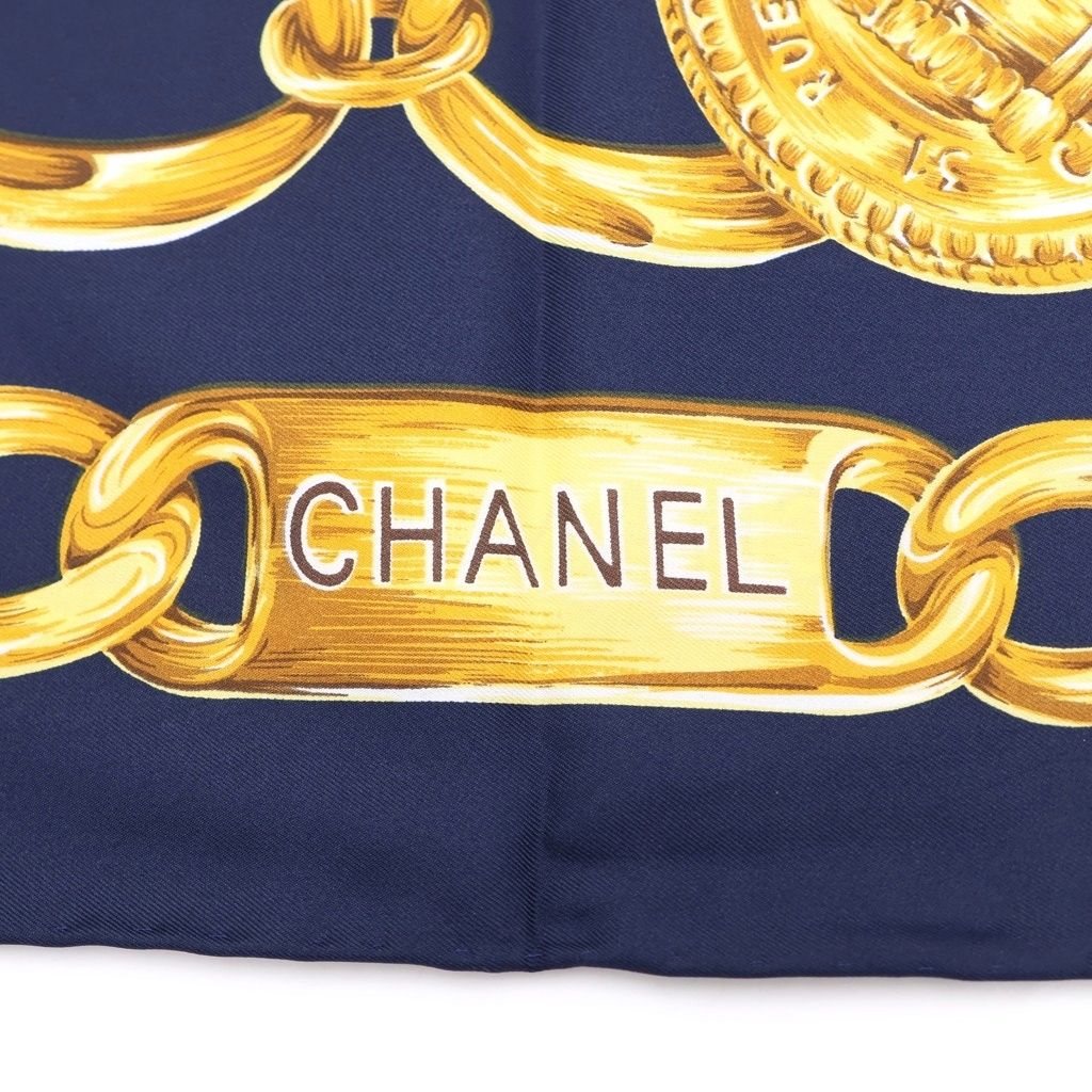 Chanel Cambon Line Chain Belt Pattern Vintage Silk Scarf Navy Gold — view 2