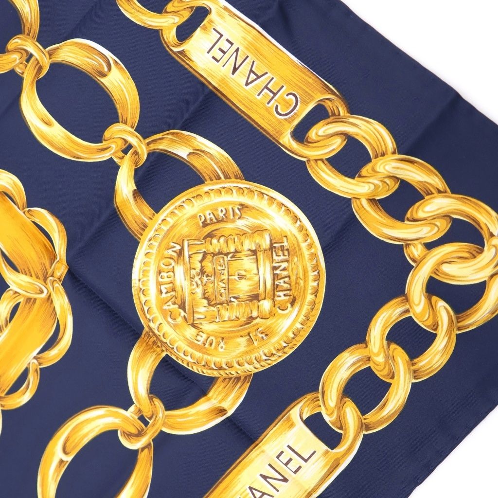 Chanel Cambon Line Chain Belt Pattern Vintage Silk Scarf Navy Gold — view 4