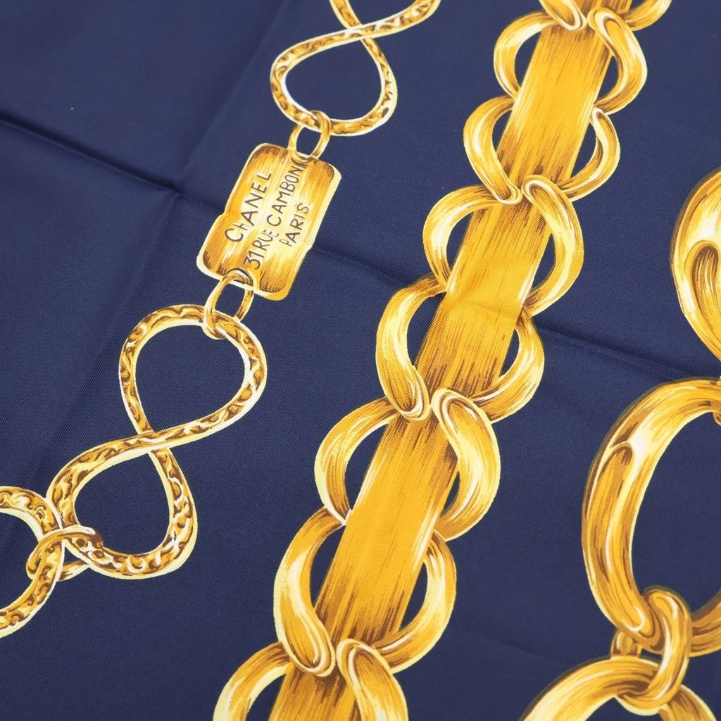 Chanel Cambon Line Chain Belt Pattern Vintage Silk Scarf Navy Gold — view 3