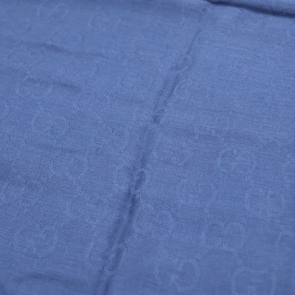 Gucci GG All Over Pattern Wool Silk Fringe Shawl Scarf Blue — view 3