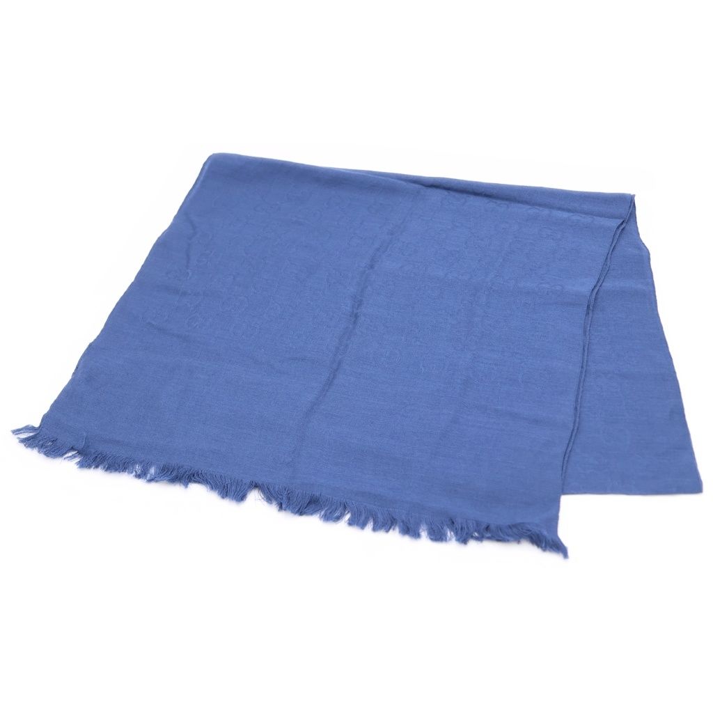 Gucci GG All Over Pattern Wool Silk Fringe Shawl Scarf Blue