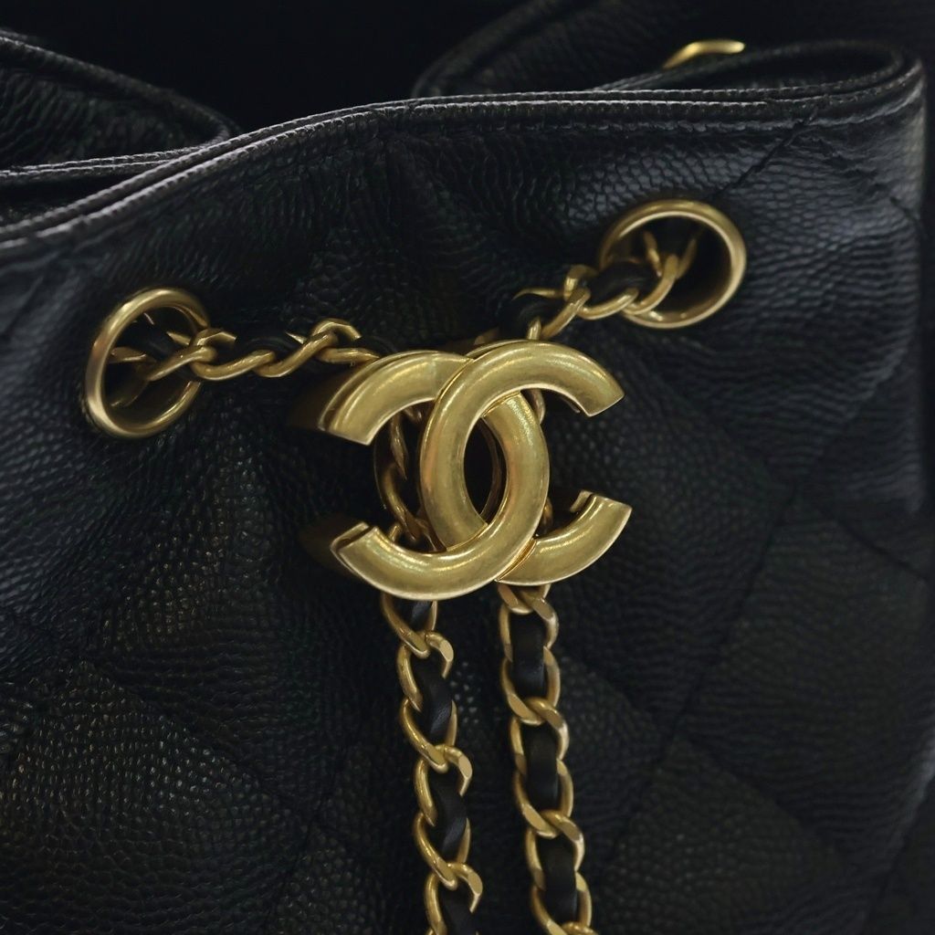 Chanel 25 Caviar Leather Backpack Gold Black Plate — view 6