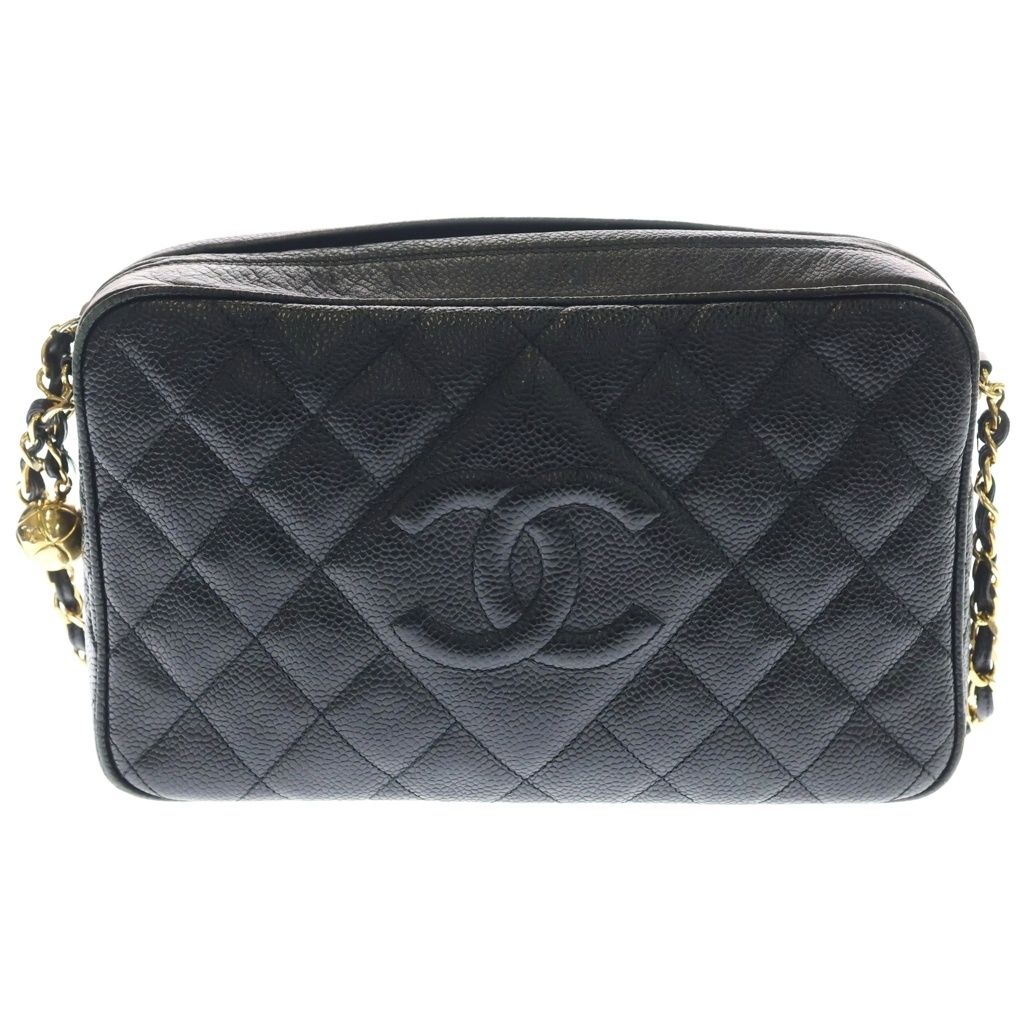 Chanel Quilted CC Logo Cocoball Caviar Leather Chain Shoulder Bag Gold Black