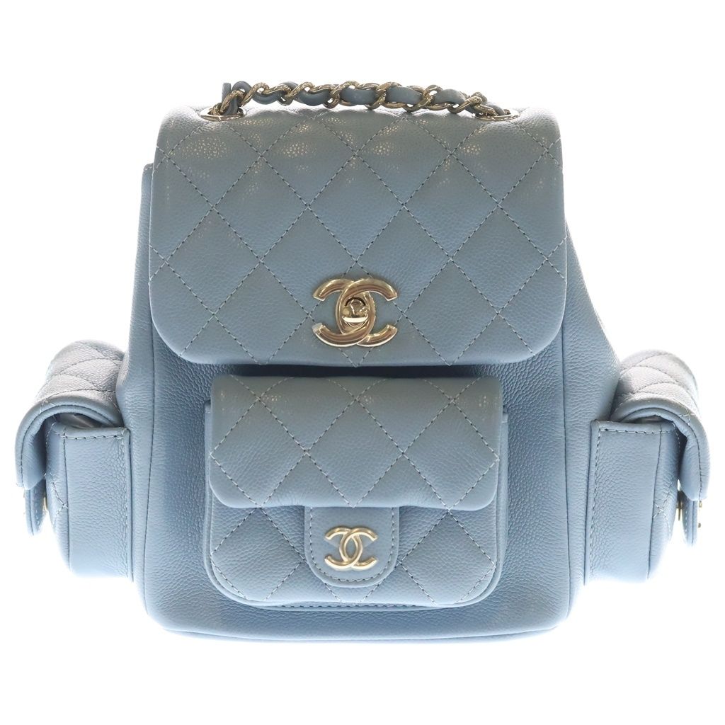 Chanel Quilted Backpack Small Caviar Leather Light Blue Silver Plate