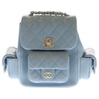 Chanel Quilted Backpack Small Caviar Leather Light Blue Silver Plate