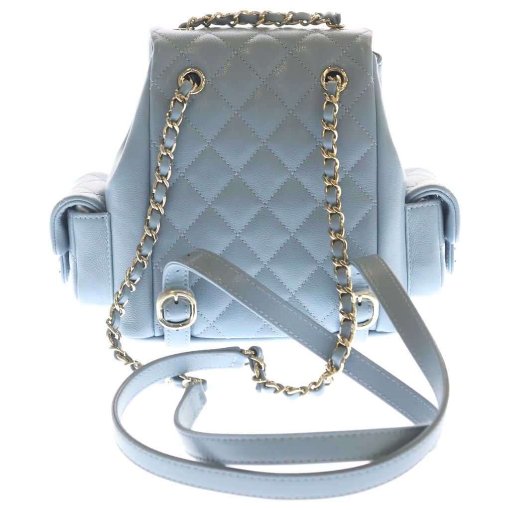 Chanel Quilted Backpack Small Caviar Leather Light Blue Silver Plate — view 2