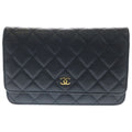 Chanel Quilted Caviar Leather Gold Chain Wallet Shoulder Bag Plate Black