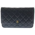 Chanel Quilted Caviar Leather Gold Chain Wallet Shoulder Bag Plate Black