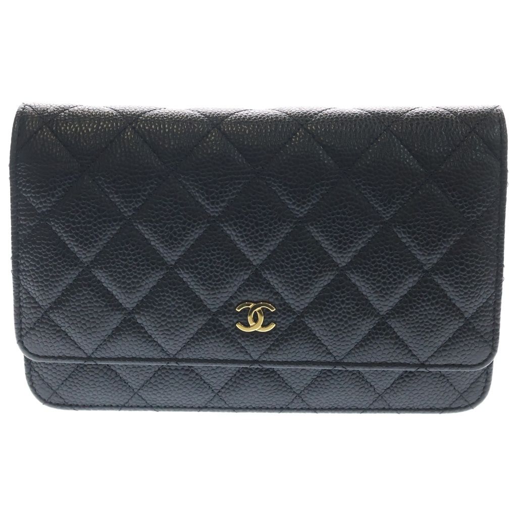 Chanel Quilted Caviar Leather Gold Chain Wallet Shoulder Bag Plate Black