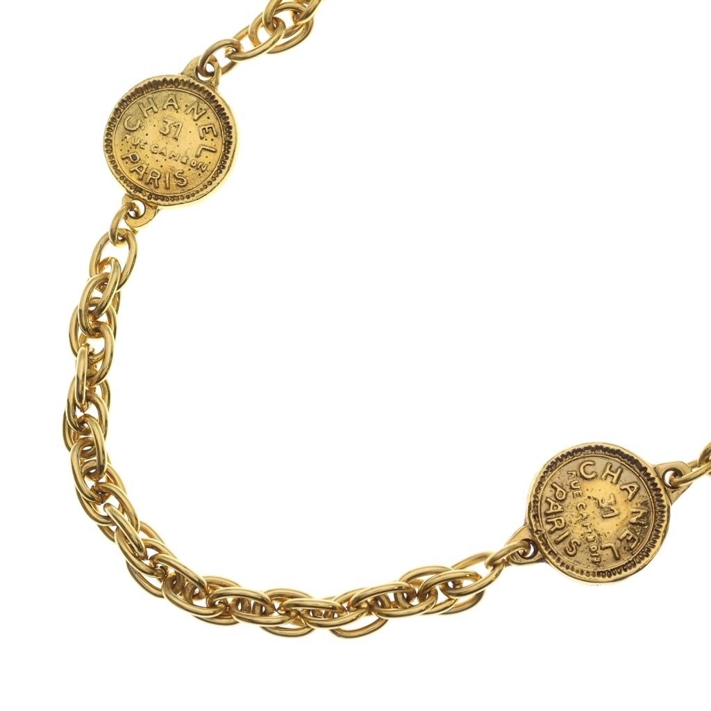 Chanel Cambon Chain Long Necklace Logo Plate Gold Plated