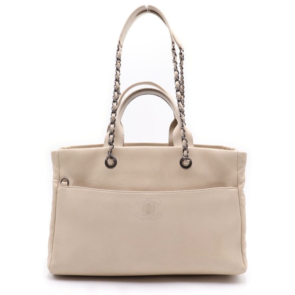 Chanel CC Logo Tweed Flap Silver 2-Way Chain Tote Shoulder Bag Ivory White