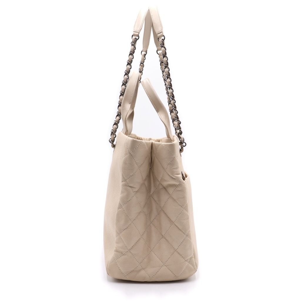 Chanel CC Logo Tweed Flap Silver 2-Way Chain Tote Shoulder Bag Ivory White — view 3