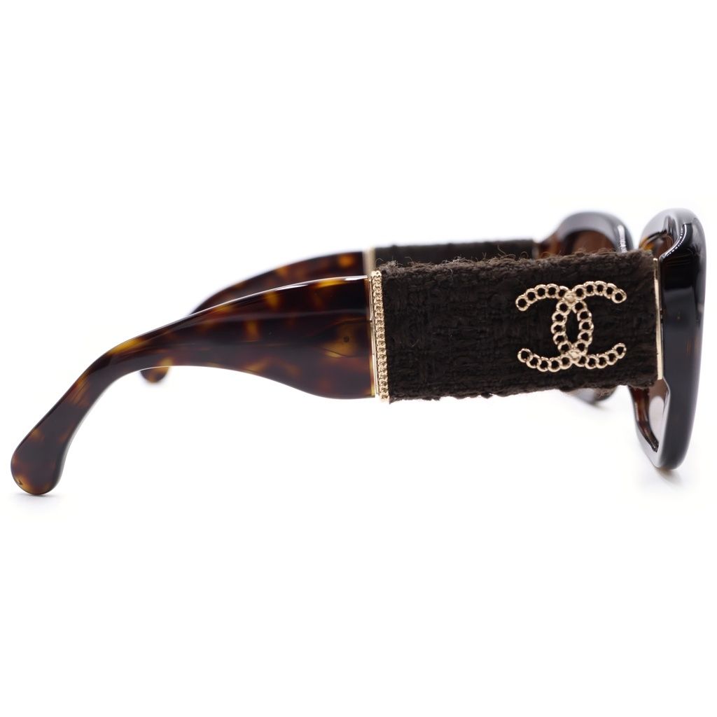 Chanel Square Frame Chain CC Logo Tweed Temple Sunglasses Brown Gold Eyewear — view 3