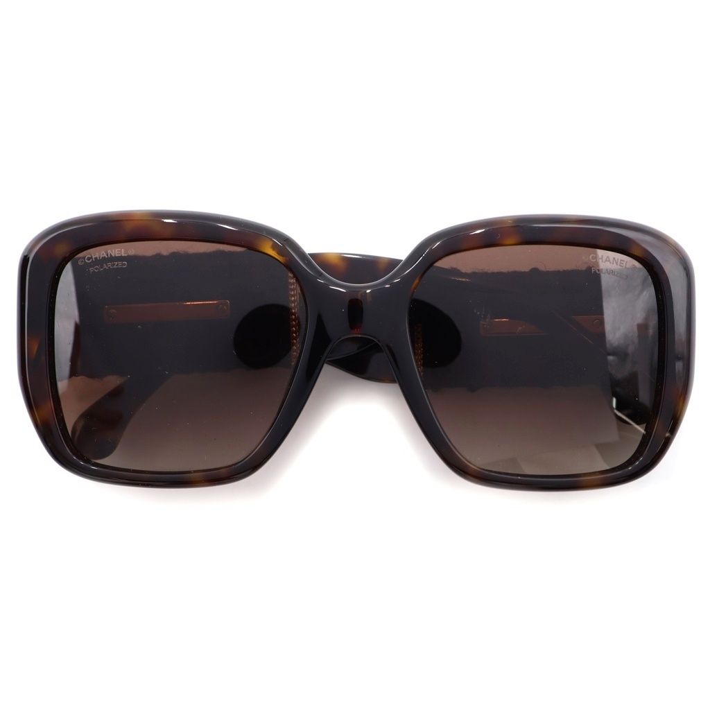 Chanel Square Frame Chain CC Logo Tweed Temple Sunglasses Brown Gold Eyewear