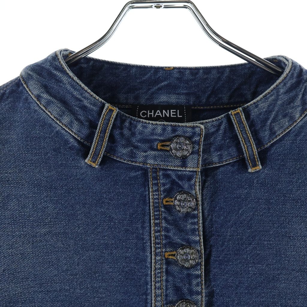 Chanel Rhinestone CC Button Washed Denim Blouse Indigo — view 3