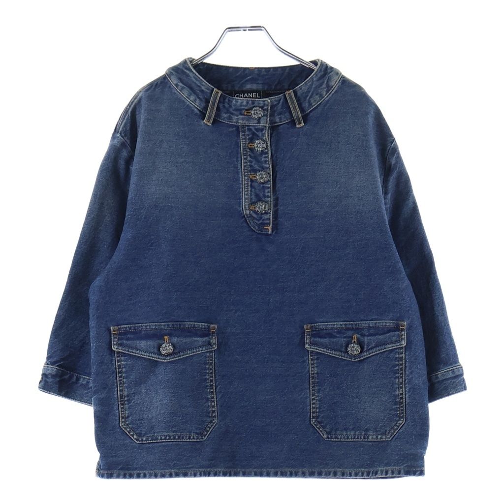 Chanel Rhinestone CC Button Washed Denim Blouse Indigo