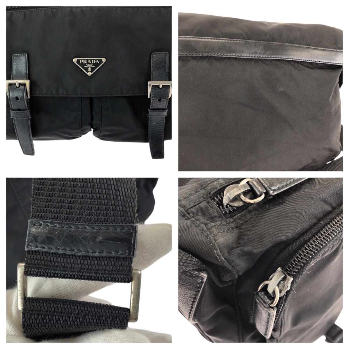 Prada Tessuto Black Silver Nylon Leather Shoulder — view 6