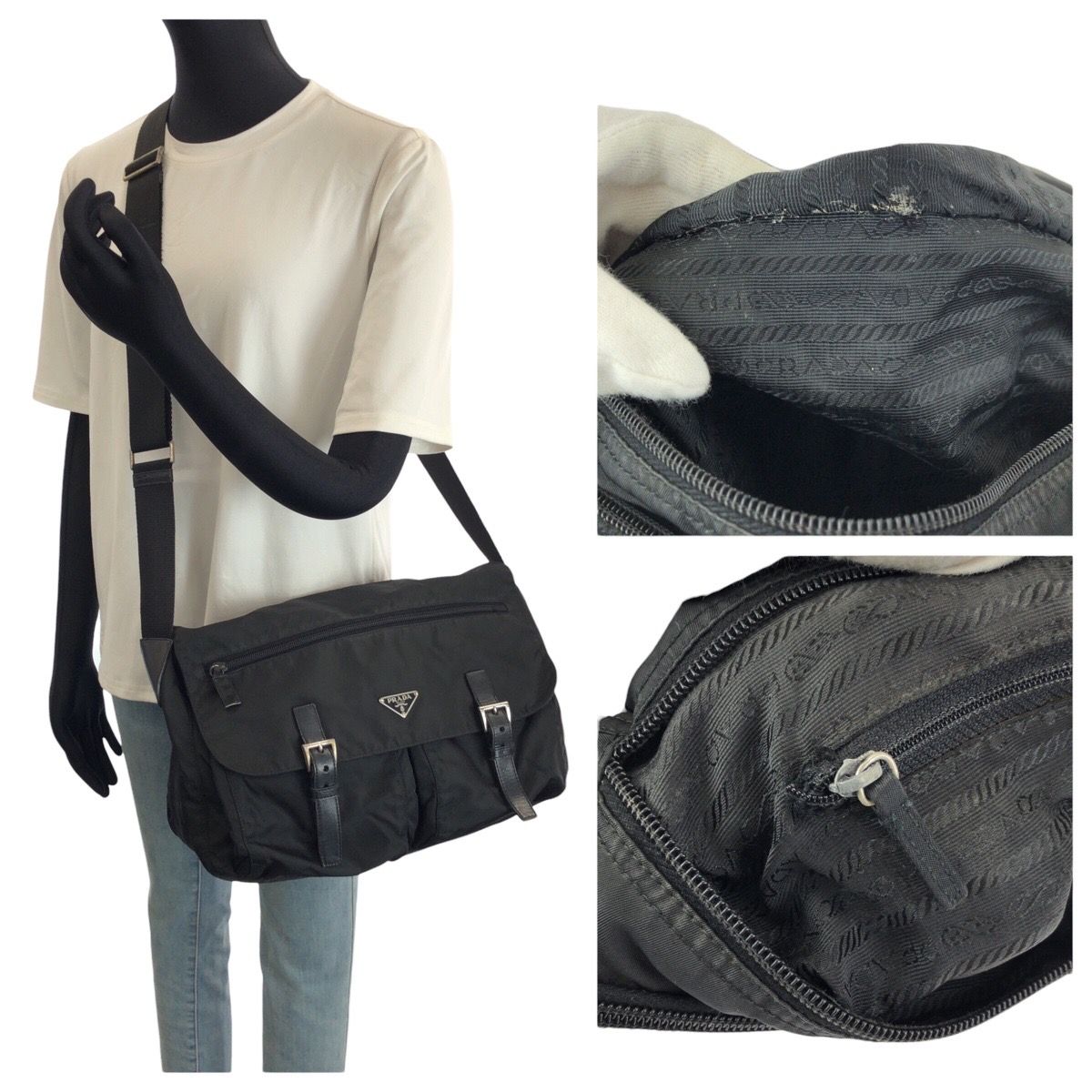 Prada Tessuto Black Silver Nylon Leather Shoulder — view 7