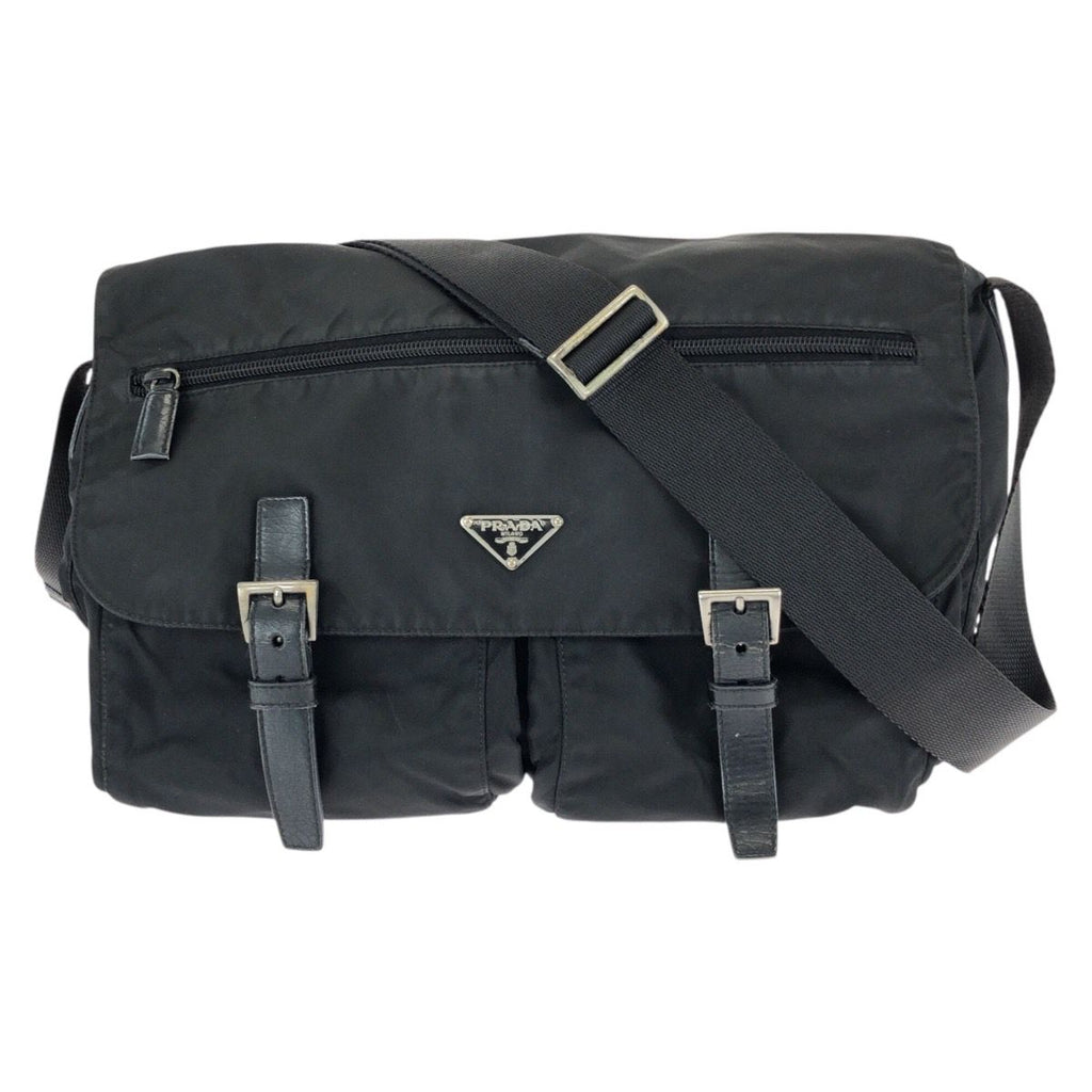 Prada Tessuto Black Silver Nylon Leather Shoulder