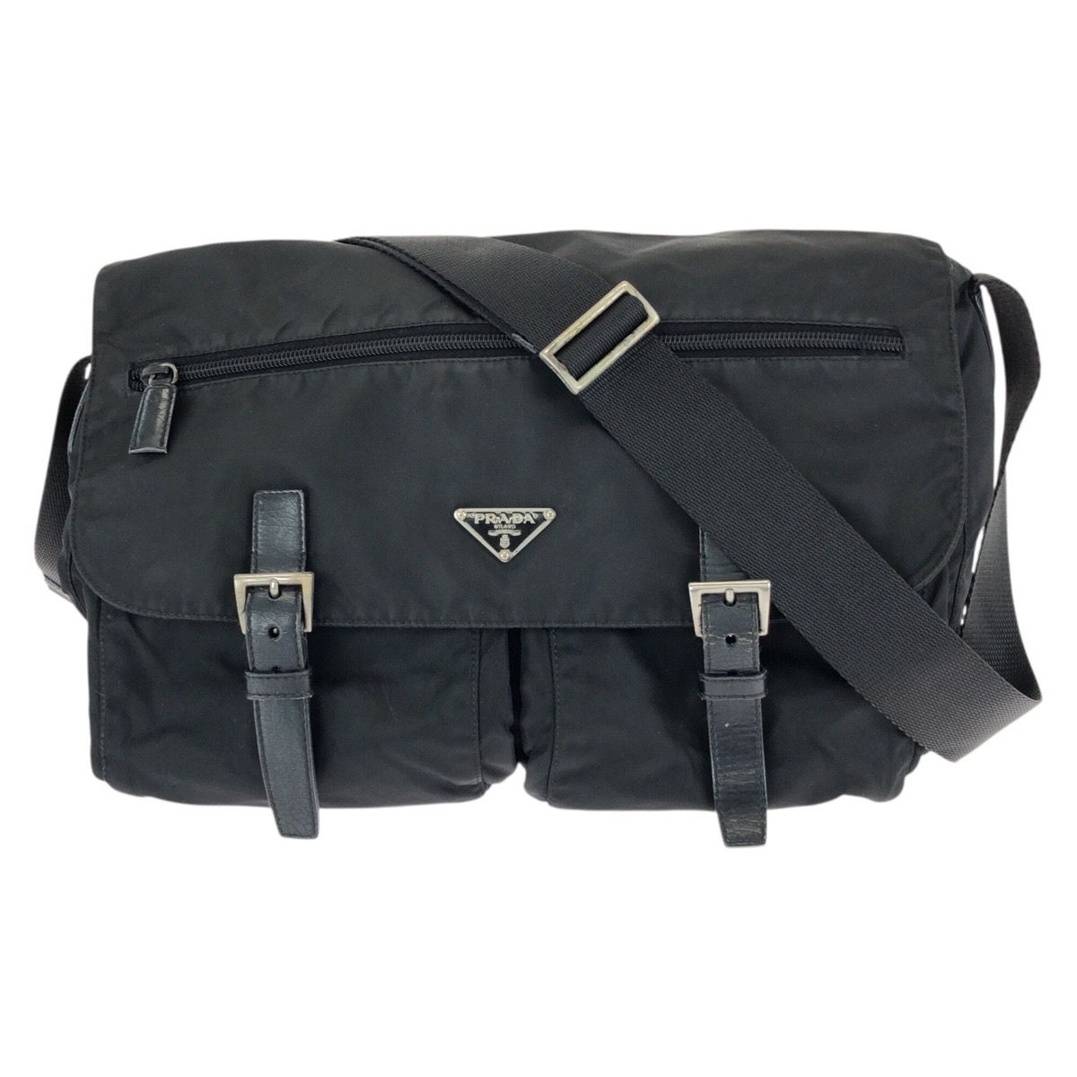 Prada Tessuto Black Silver Nylon Leather Shoulder