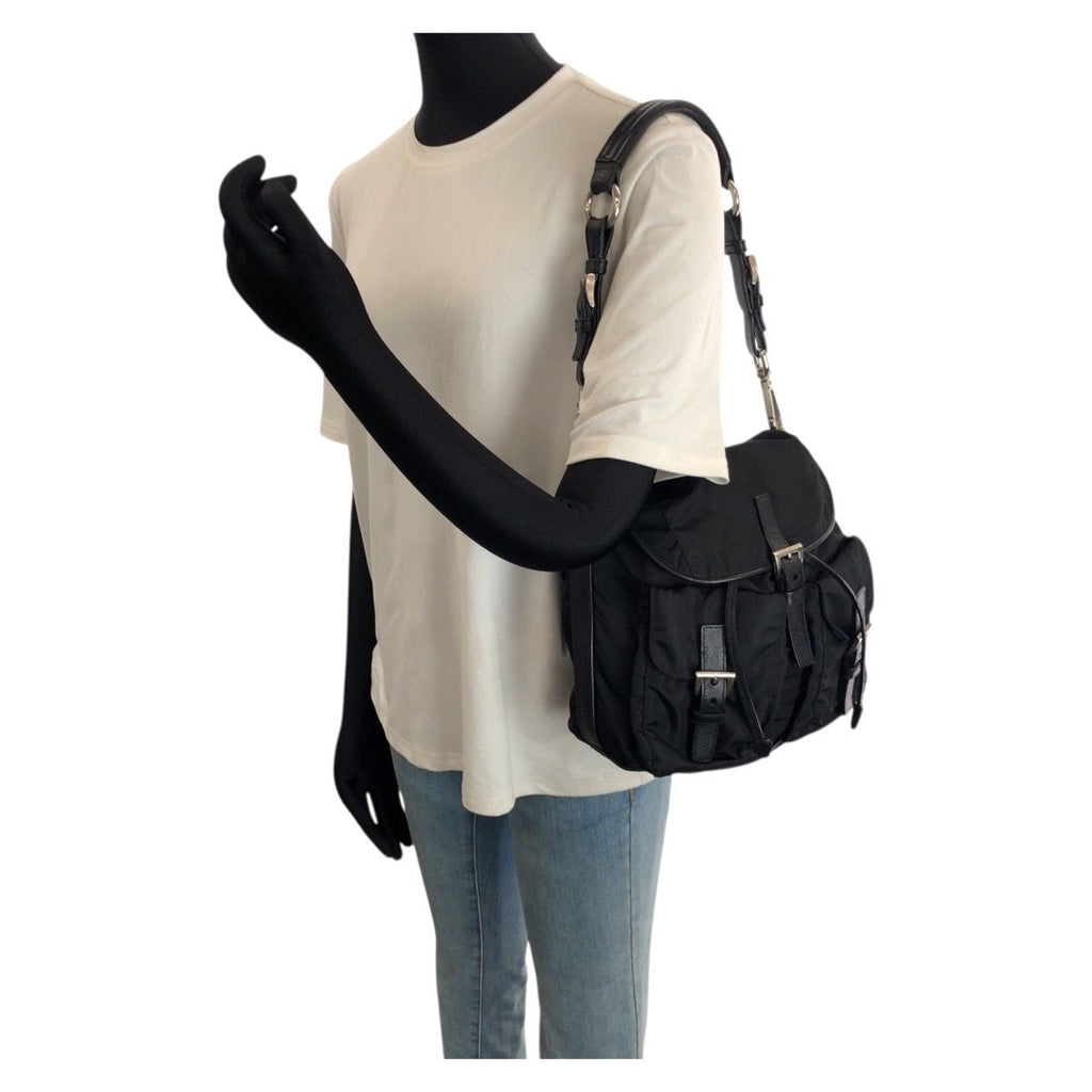 Prada Tessuto Saffiano Black Nylon Leather Shoulder Bag Pochette — view 7