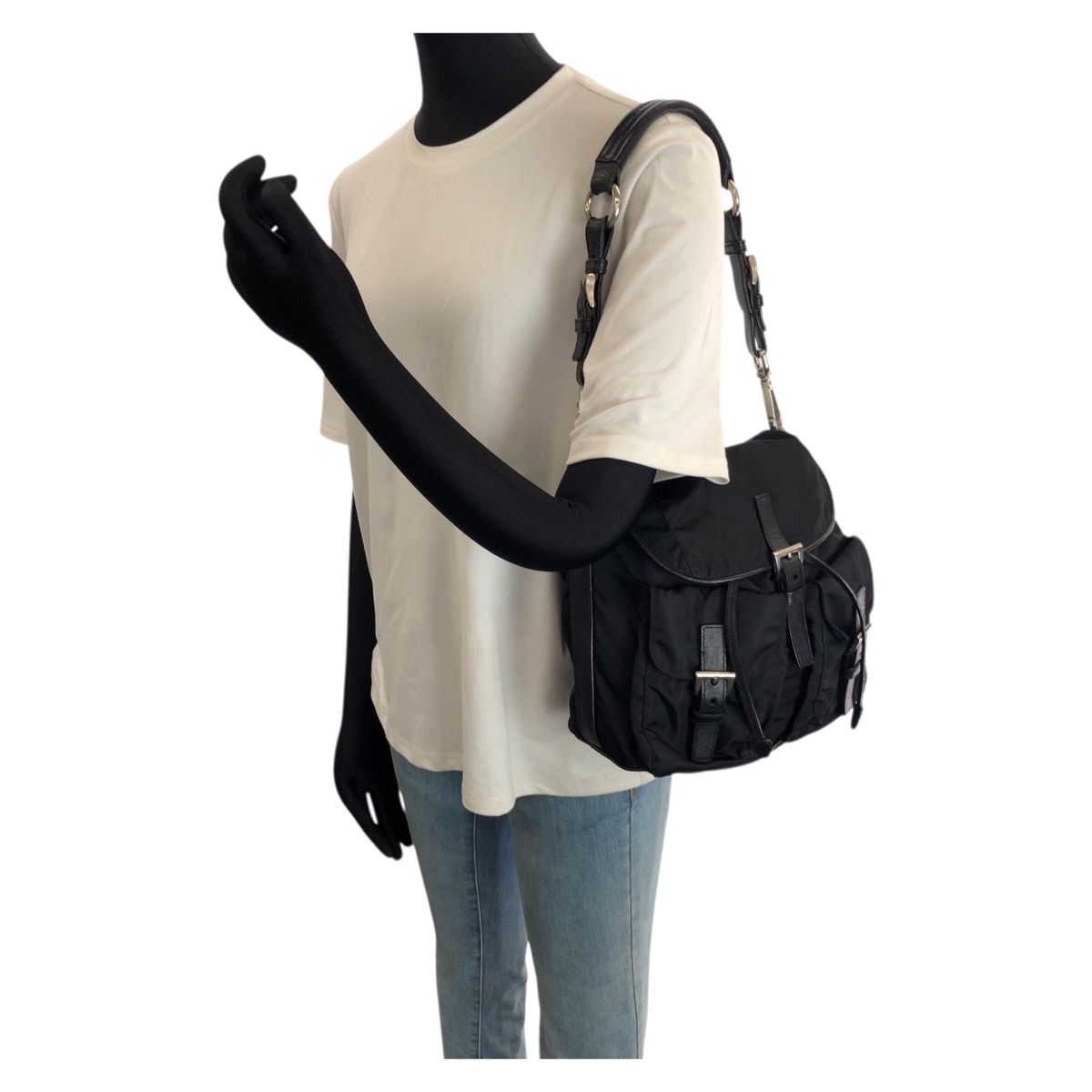 Prada Tessuto Saffiano Black Nylon Leather Shoulder Bag Pochette — view 7