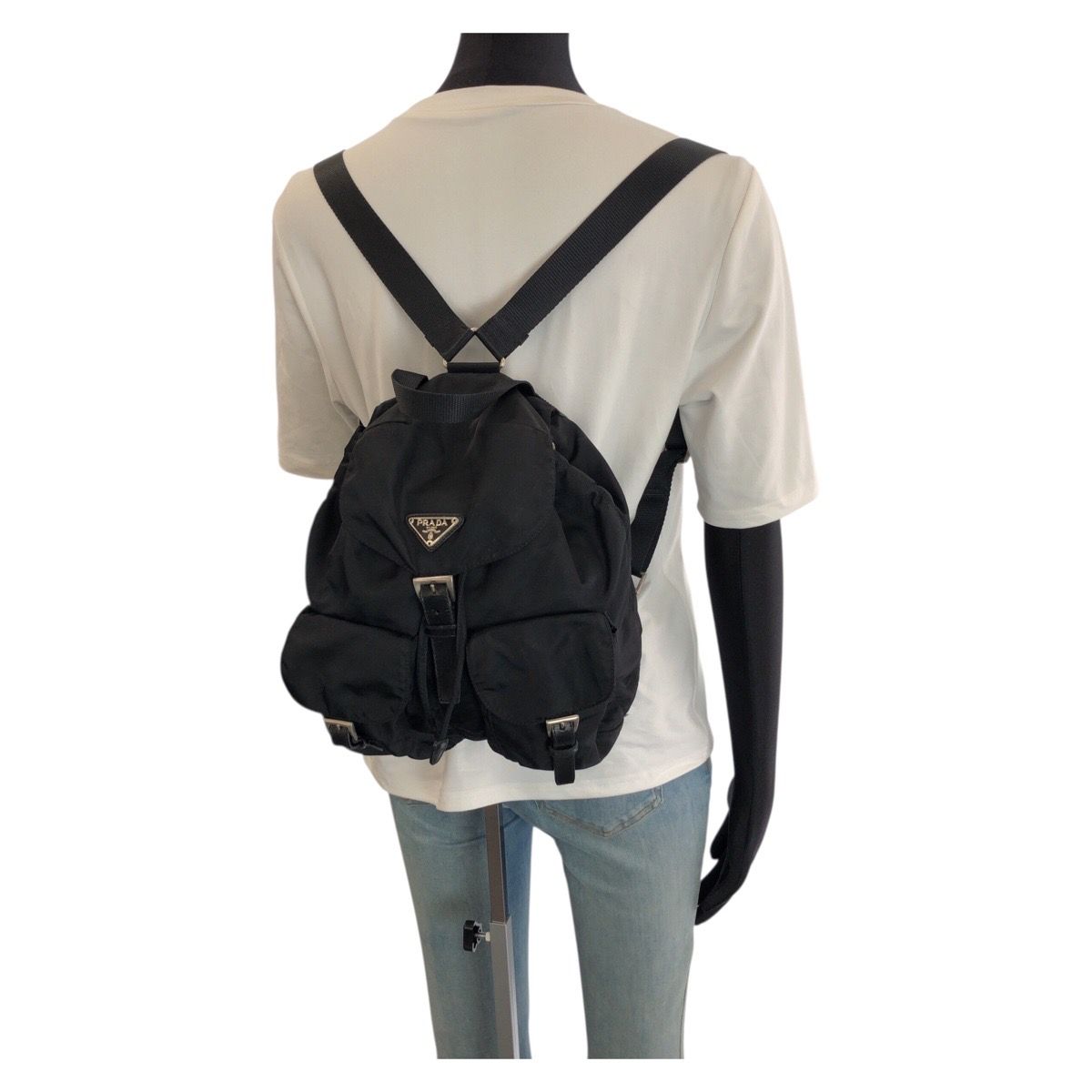 Prada Tessuto Black Silver Nylon Leather Backpack — view 7