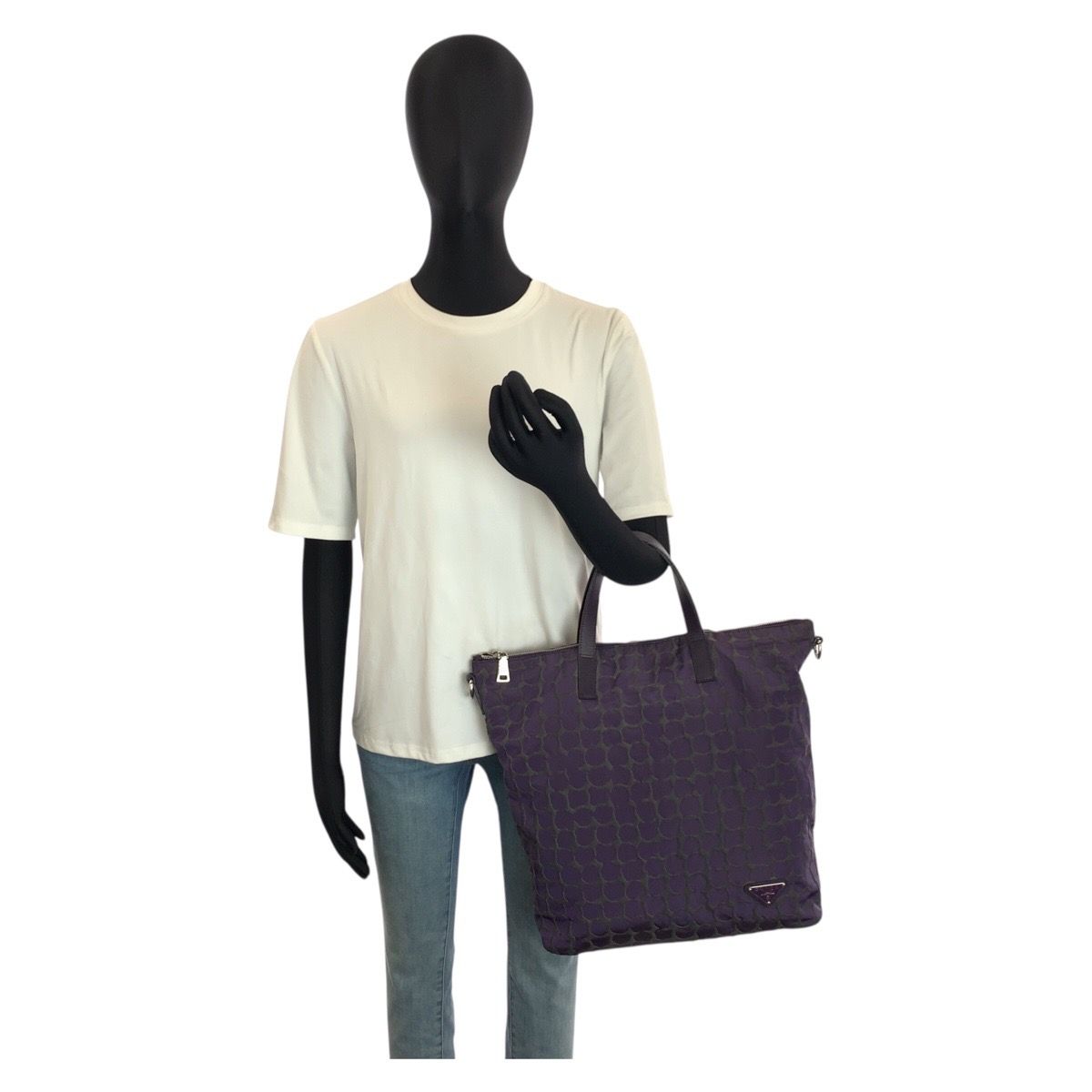 Prada Purple Silver Nylon Leather Tote Shoulder Bag