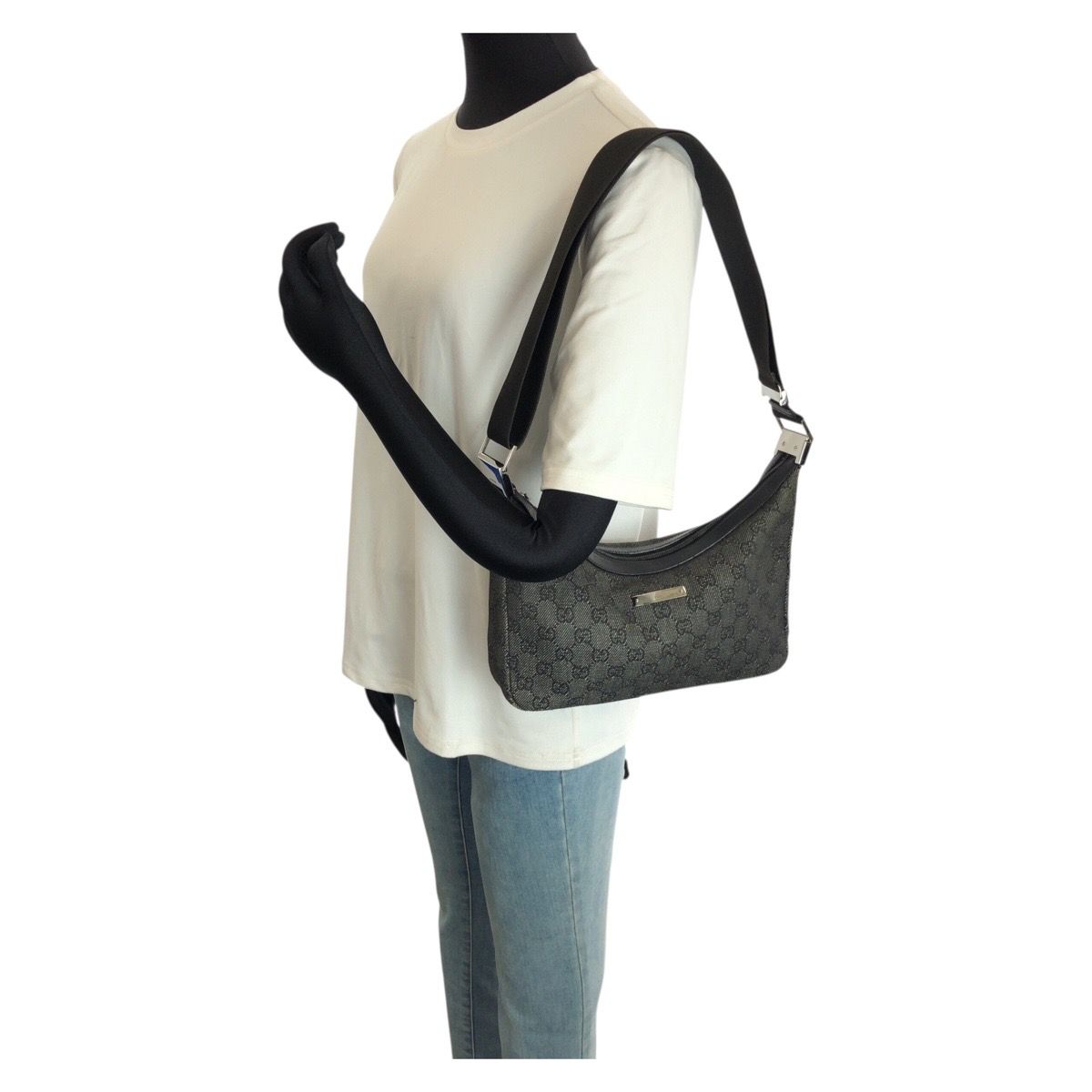 Gucci Black Silver GG Canvas Leather Shoulder Bag