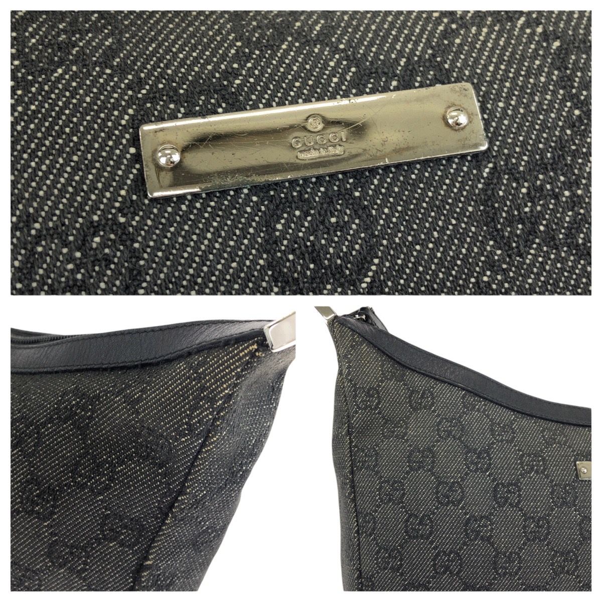 Gucci Black Silver GG Canvas Leather Shoulder Bag